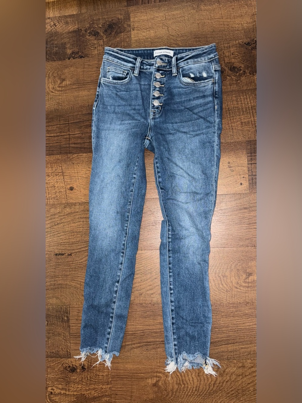 Flying Monkey Distressed Button-Fly Skinny Jeans in Medium Blue